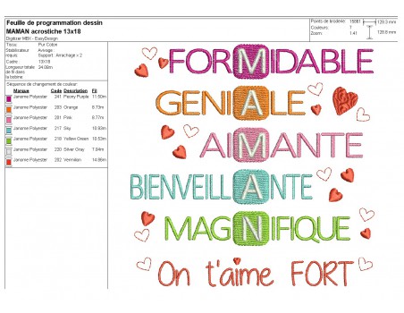 Motif de broderie machine acrostiche maman