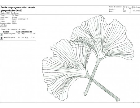 Motif de broderie machine feuilles  ginkgo biloba