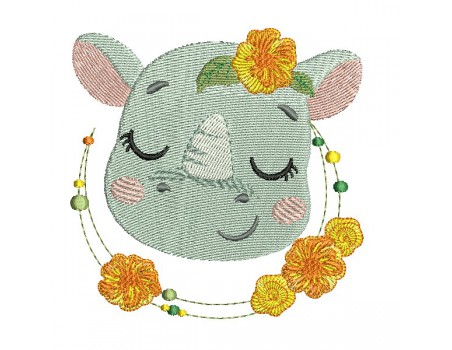 Motif de broderie machine rhinocéros endormie avec ses fleurs