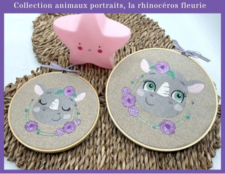 Motif de broderie machine rhinocéros endormie avec ses fleurs