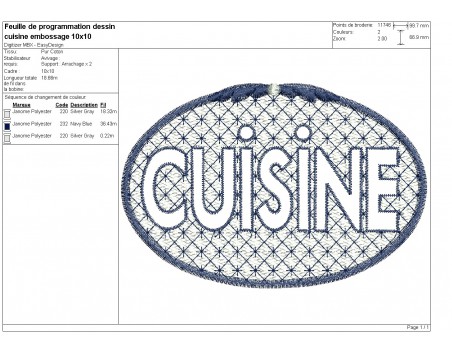 Motif de broderie machine cadre cuisine en embossage