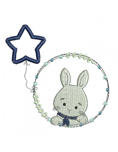 Motif de broderie machine lapin garçon avec son ballon étoile en appliqué