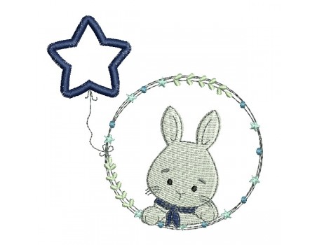 Motif de broderie machine lapin garçon avec son ballon étoile en appliqué