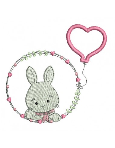 Motif de broderie machine lapin fille avec son ballon coeur en appliqué