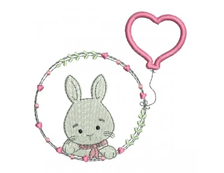 Motif de broderie machine lapin fille avec son ballon coeur en appliqué