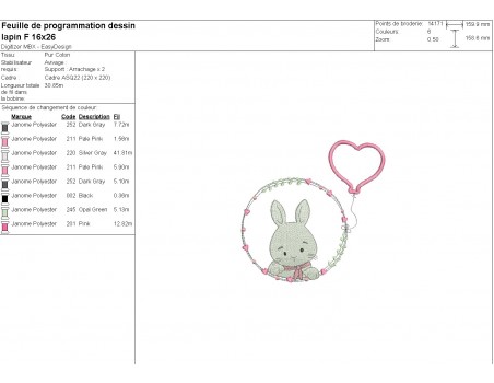 Motif de broderie machine lapin fille avec son ballon coeur en appliqué