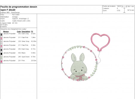 Motif de broderie machine lapin fille avec son ballon coeur en appliqué