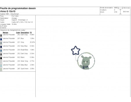 Motif de broderie machine rhinocéros garçon avec son ballon étoile en appliqué