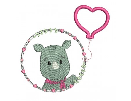 machine embroidery design rhinocéros girl with his customizable applied heart balloon