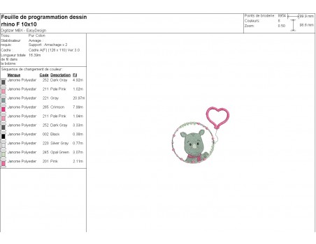 machine embroidery design rhinocéros girl with his customizable applied heart balloon