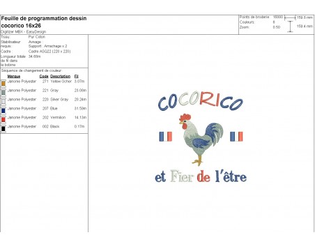 Motif de broderie machine coq cocorico