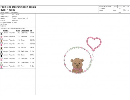 machine embroidery design bear girl with his customizable applied heart balloon