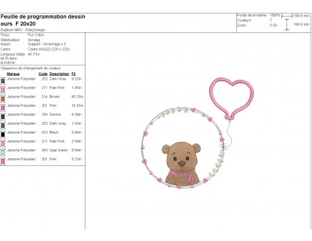 machine embroidery design bear girl with his customizable applied heart balloon