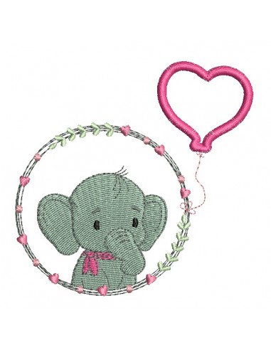 Motif de broderie machine l'éléphant fille avec son ballon coeur en appliqué