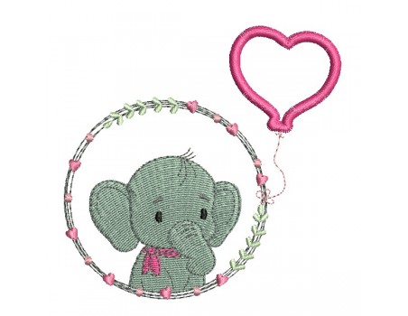 Motif de broderie machine l'éléphant fille avec son ballon coeur en appliqué