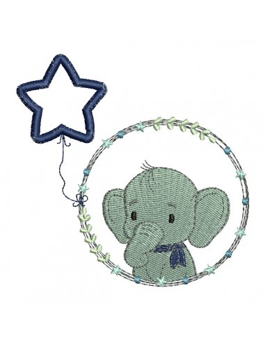 Motif de broderie machine l'éléphant garçon avec son ballon étoile en appliqué