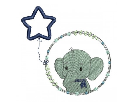 Motif de broderie machine l'éléphant garçon avec son ballon étoile en appliqué