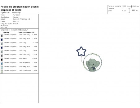 Motif de broderie machine l'éléphant garçon avec son ballon étoile en appliqué