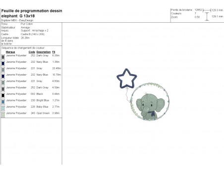 Motif de broderie machine l'éléphant garçon avec son ballon étoile en appliqué
