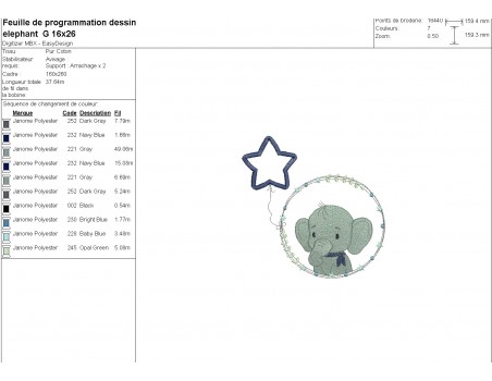 Motif de broderie machine l'éléphant garçon avec son ballon étoile en appliqué