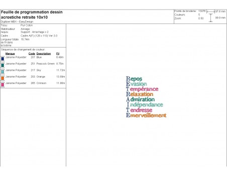 Motif de broderie machine acrostiche retraite