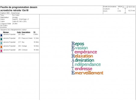 Motif de broderie machine acrostiche retraite