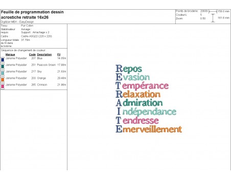 Motif de broderie machine acrostiche retraite