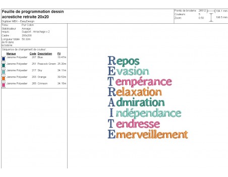 Motif de broderie machine acrostiche retraite