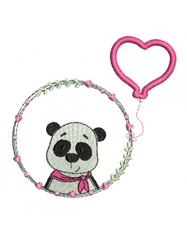 Motif de broderie machine panda fille avec son ballon  coeur en appliqué