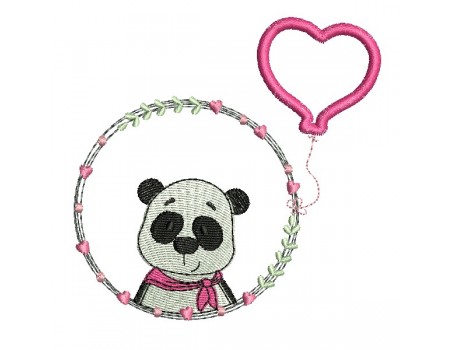 Motif de broderie machine panda fille avec son ballon  coeur en appliqué