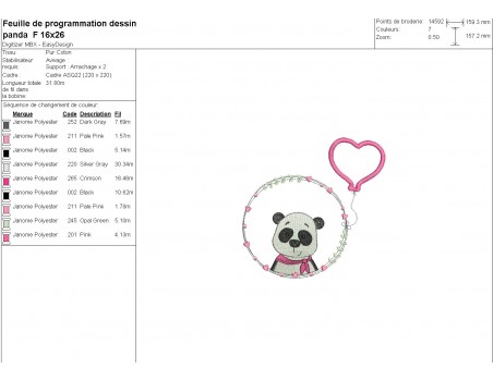 Motif de broderie machine panda fille avec son ballon  coeur en appliqué