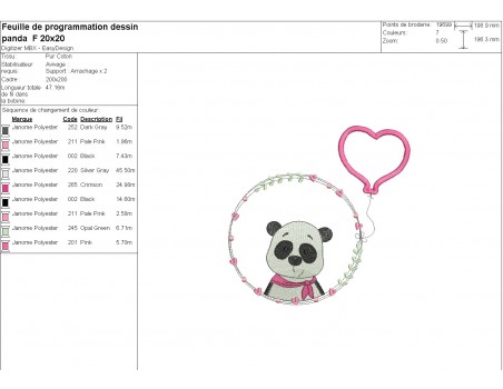 Motif de broderie machine panda fille avec son ballon  coeur en appliqué