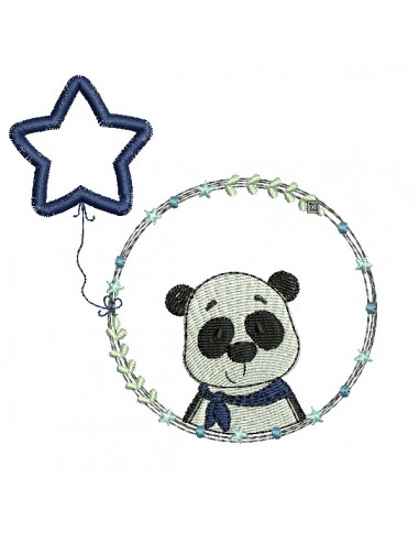 Motif de broderie machine panda garçon avec son ballon étoile en appliqué