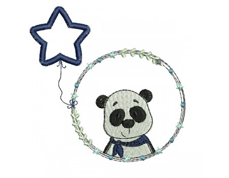 Motif de broderie machine panda garçon avec son ballon étoile en appliqué