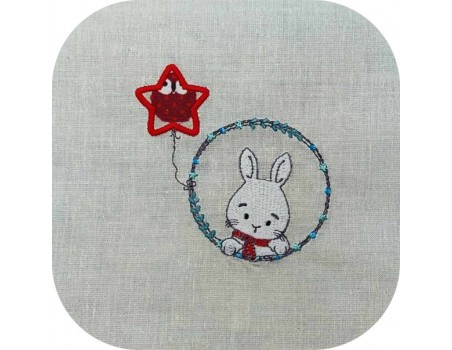 Motif de broderie machine lapin garçon avec son ballon étoile en appliqué