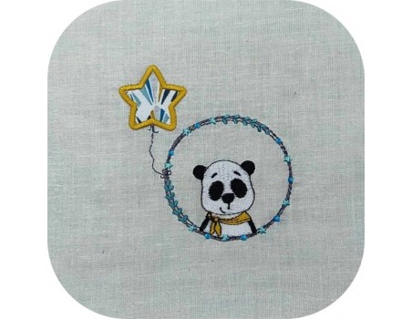 Motif de broderie machine panda garçon avec son ballon étoile en appliqué