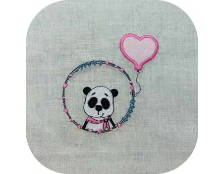 Motif de broderie machine panda fille avec son ballon  coeur en appliqué