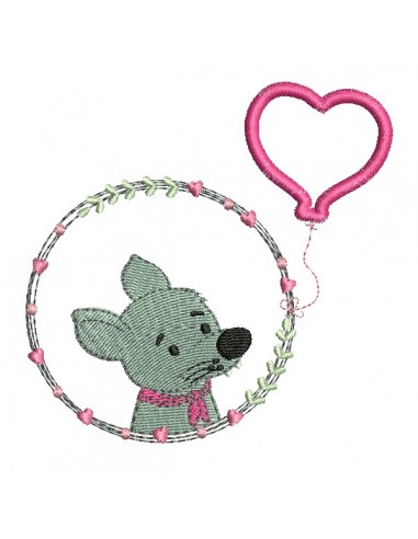 Motif de broderie machine loup fille avec son ballon coeur en appliqué