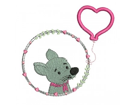 Motif de broderie machine loup fille avec son ballon coeur en appliqué