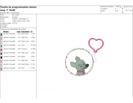 machine embroidery design wolf girl with his customizable applied heart balloon