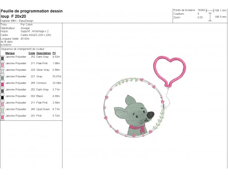 machine embroidery design wolf girl with his customizable applied heart balloon