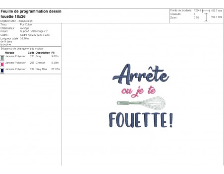 Motif de broderie machine  texte humour fouet