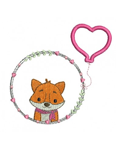 machine embroidery design fox girl with his customizable applied heart balloon