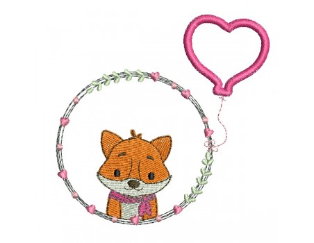 machine embroidery design fox girl with his customizable applied heart balloon