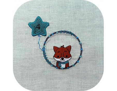 Motif de broderie machine renard garçon avec son ballon étoile en appliqué