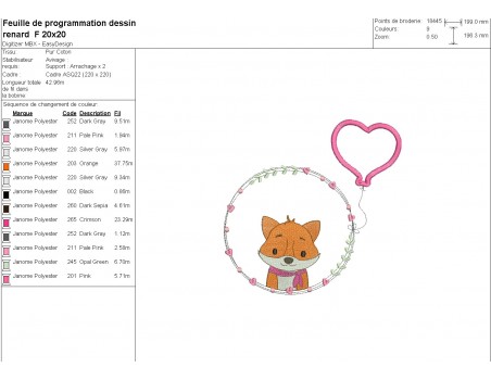 machine embroidery design fox girl with his customizable applied heart balloon