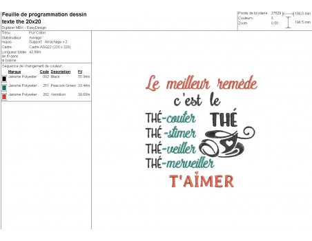 Motif de broderie machine texte thé