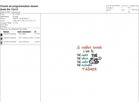 Motif de broderie machine texte thé