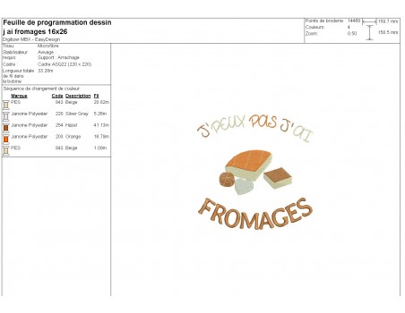 Motif de broderie machine  j'peux pas j'ai fromages