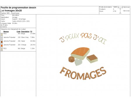 Motif de broderie machine  j'peux pas j'ai fromages